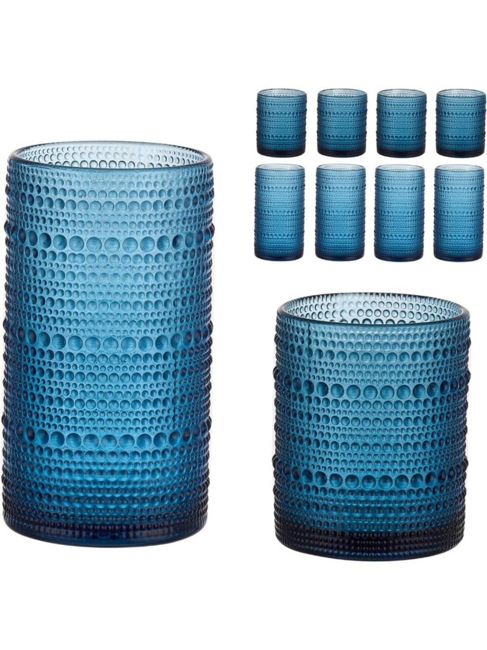Vintage Blue Hobnail Glasses Set of 8 | Highball & Cocktail Drinkware, 16 oz